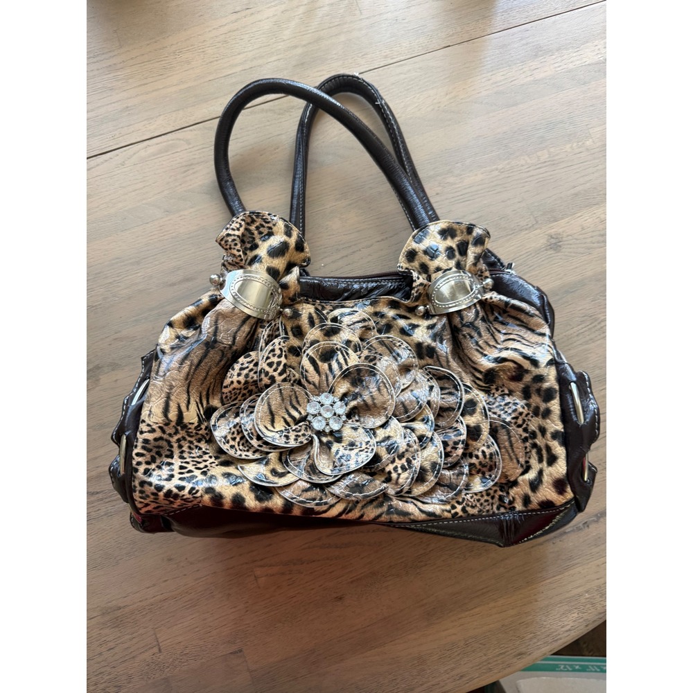 Leopard Print Floral Shoulder Bag Brown Patent Rhinestone Y2K Satchel Handbag